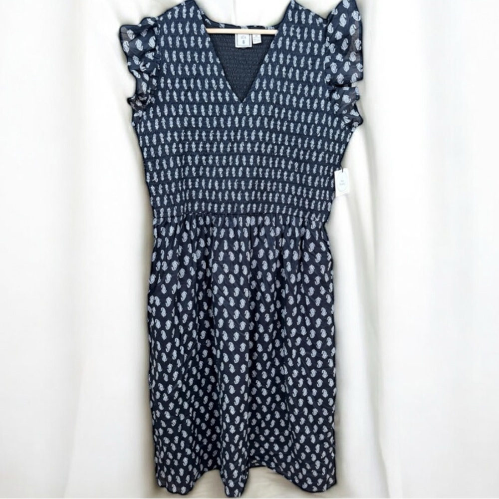 Black Printed V-Neck Smocked Waist Dress